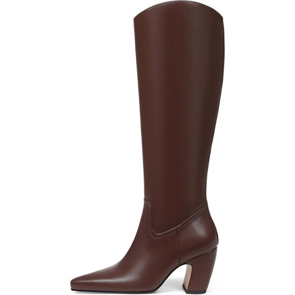 Women's Knee High Brown Boots Square Toe Chunky Heel Wide Calf Tall Zipper Boots - Picture 2 of 7